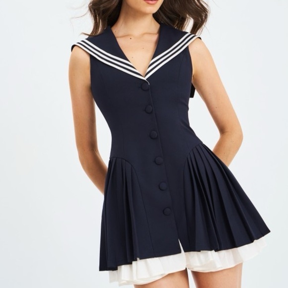 Miss Circle Calliope Navy Sailor Pleated Mini Dress Small - Picture 4 of 7